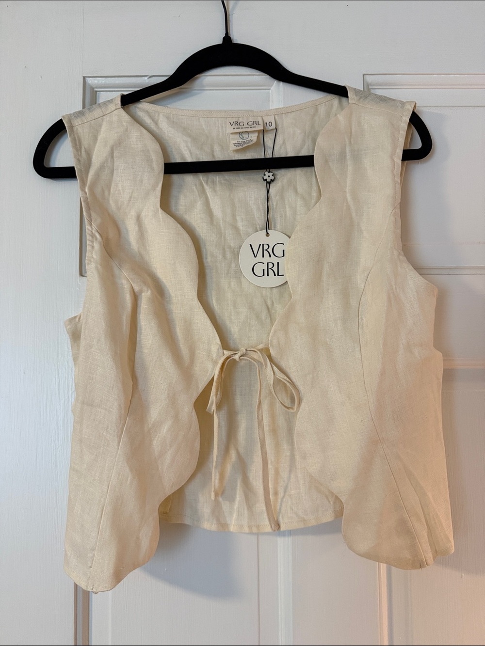 VRG Girl Cream Linen Tie-Front Sleeveless Top